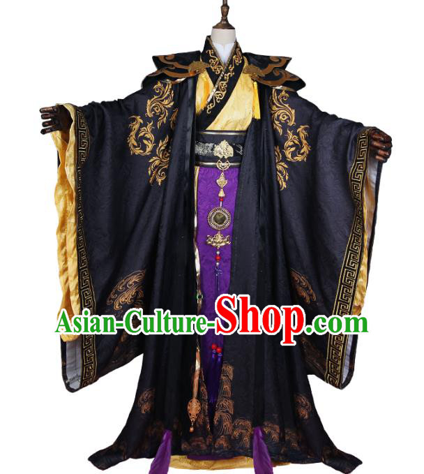 Chinese Traditional Qin Dynasty Monarch Apparels Ancient Emperor Black Garment Costumes Cosplay King Clothing