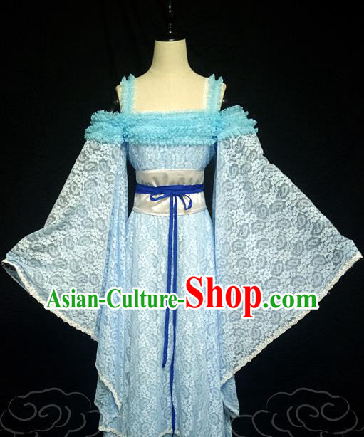 China Ancient Goddess Princess Garments Traditional Dance Blue Lace Hanfu Dress Cosplay Drama Seven Fairy Lan Er Clothing