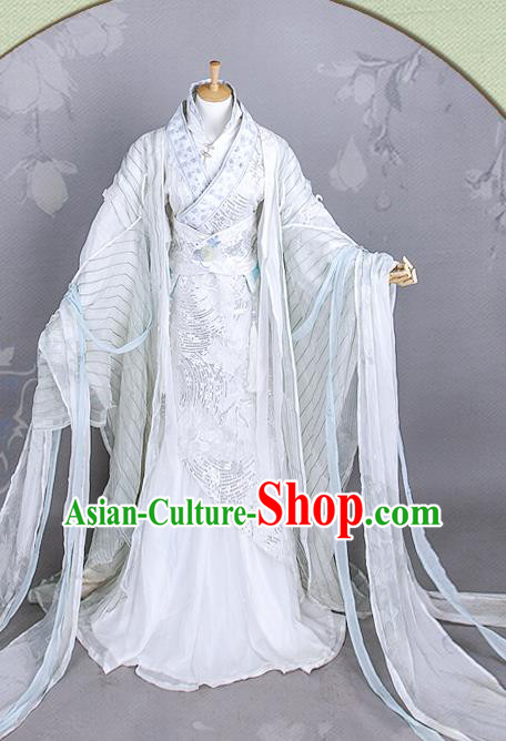 China Traditional Cosplay Swordsman White Hanfu Clothing Ancient Noble Childe Apparels Han Dynasty Prince Garment Costumes