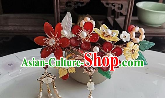 China Ming Dynasty Pearls Tassel Hair Comb Traditional Hanfu Hair Accessories Handmade Ancient Imperial Concubine Agate Plum Hairpin