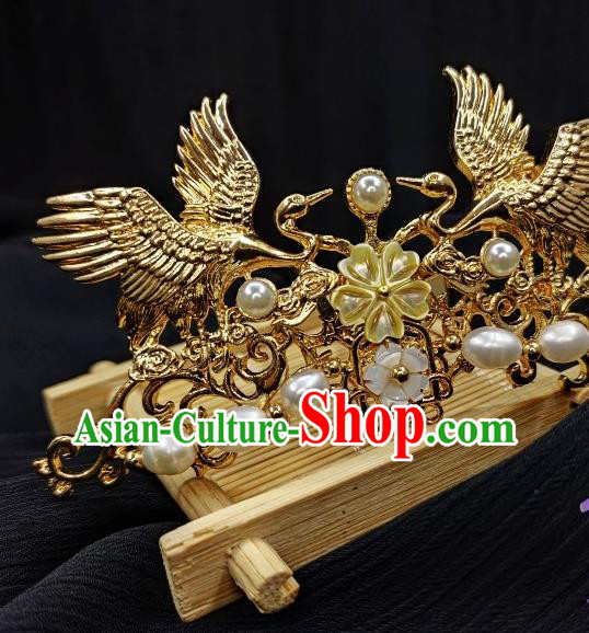 China Ming Dynasty Golden Cranes Hair Crown Traditional Hanfu Hair Accessories Handmade Ancient Empress Pearls Hairpin