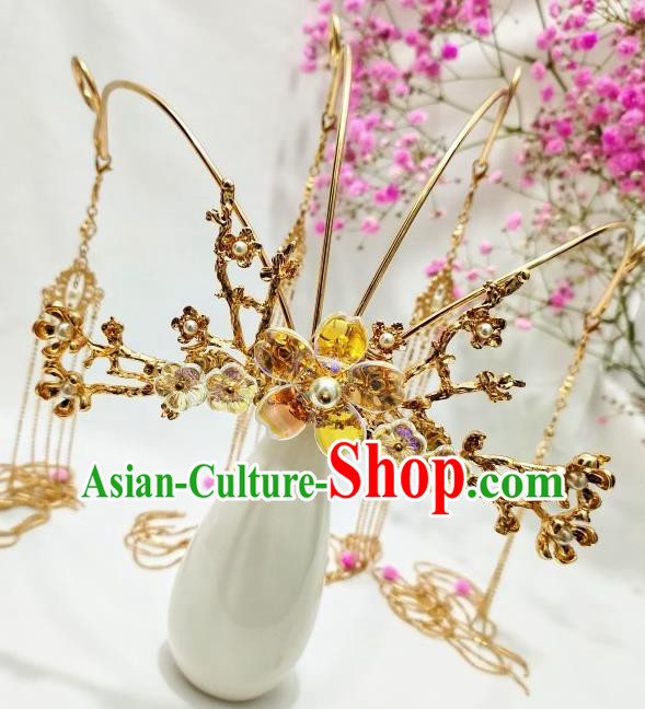 China Ming Dynasty Bride Golden Hair Crown Traditional Hanfu Wedding Hair Accessories Handmade Ancient Princess Headdress