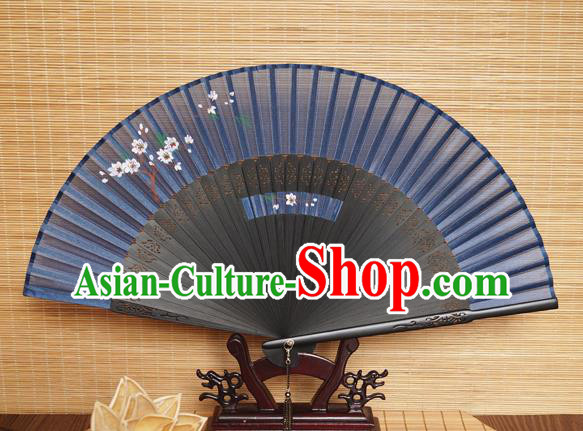 Handmade China Black Bamboo Fan Classical Suzhou Silk Accordion Traditional Folding Fans
