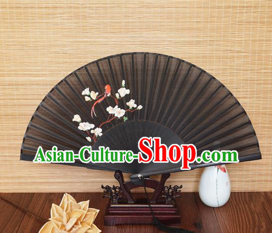 Handmade China Printing Mangnolia Fan Traditional Folding Fans Bamboo Fan Classical Suzhou Black Silk Accordion