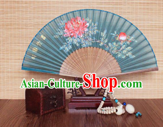 Handmade China Traditional Folding Fans Bamboo Fan Classical Green Silk Accordion Printing Peony Fan