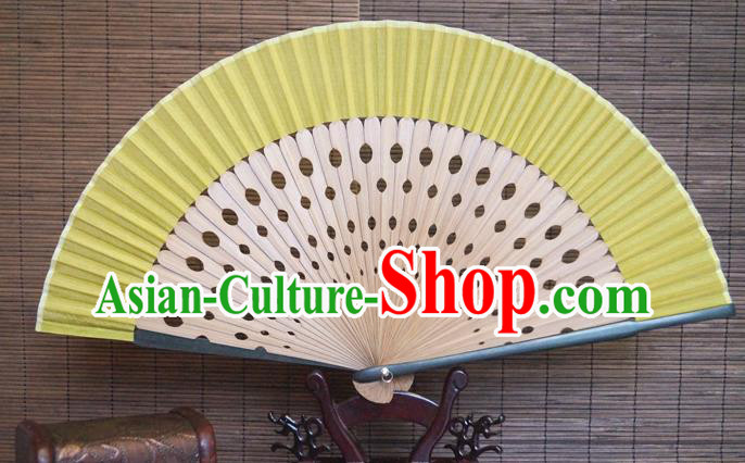 China Traditional Dance Folding Fan Bamboo Fan Classical Yellow Silk Accordion Handmade Fans