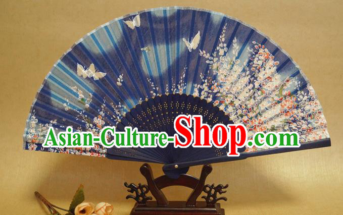 China Handmade Printing Sakura Butterfly Fans Traditional Dance Folding Fan Bamboo Fan Classical Deep Blue Silk Accordion