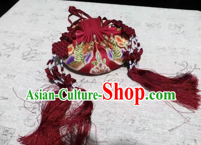 Chinese Traditional Hanfu Wine Red Silk Perfume Satchel Belt Pendant Ming Dynasty Waist Accessories Ancient Princess Embroidered Sachet