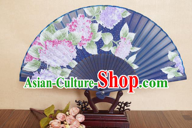 China Traditional Dance Folding Fans Bamboo Fan Classical Navy Silk Accordion Handmade Printing Hydrangea Fan