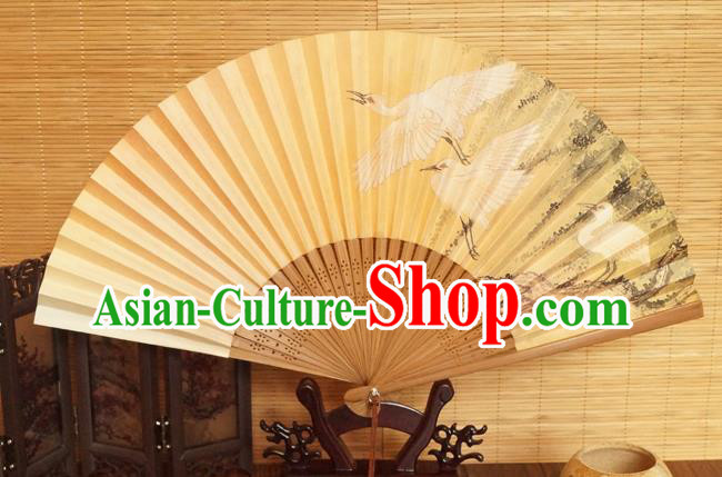 China Bamboo Fan Classical Silk Accordion Handmade Printing Cranes Fan Traditional Dance Folding Fans