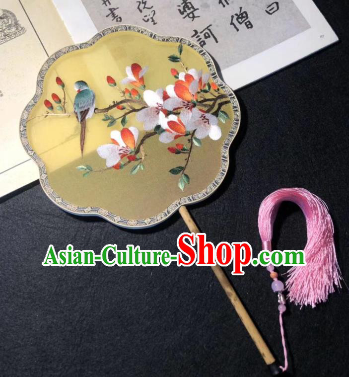 China Traditional Yellow Silk Fans Cheongsam Dance Fan Classical Palace Fan Handmade Double Side Suzhou Embroidered Mangnolia Fan