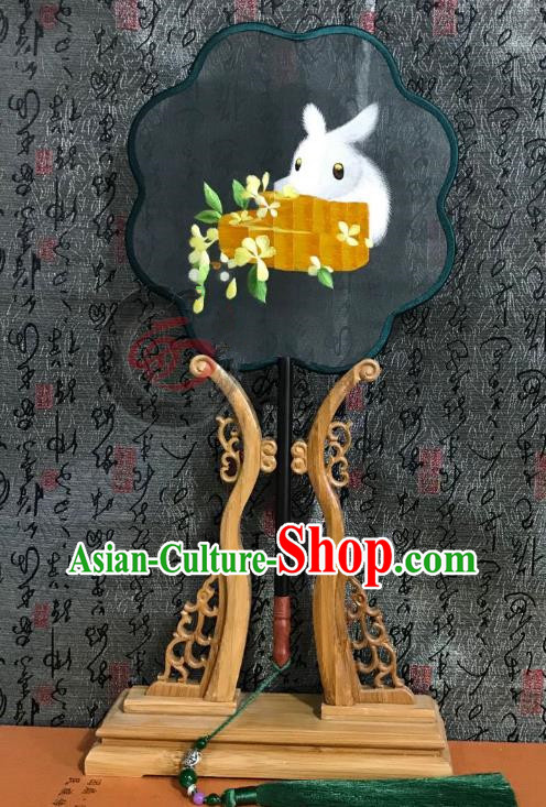 China Classical Palace Fan Handmade Double Side Suzhou Embroidered Rabbit Fan Traditional Silk Fans Cheongsam Dance Fan