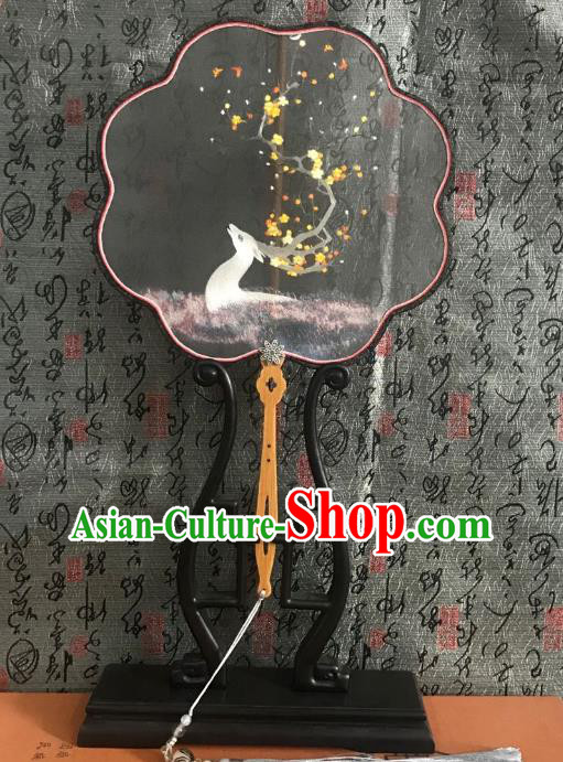 China Hanfu Dance Fan Classical Double Side Palace Fan Handmade Suzhou Embroidered Deer Fan Traditional Grey Silk Fans