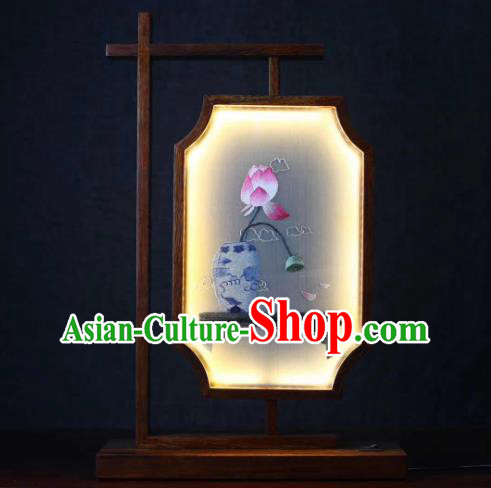Chinese Embroidered Lotus Table Screen Suzhou Embroidery Craft Desk Lamp Handmade LED Lantern