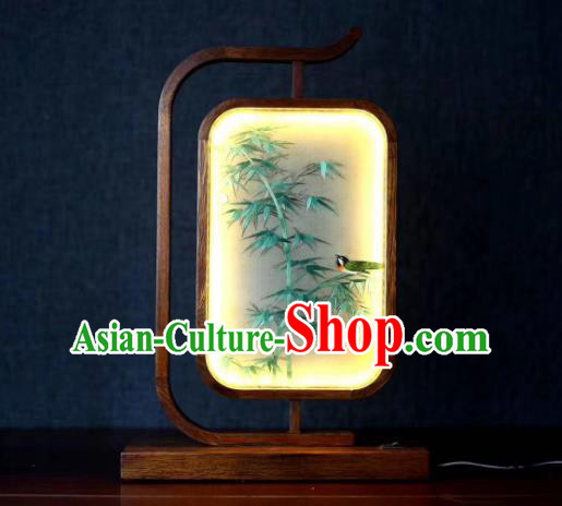 Chinese Embroidered Bamboo Table Screen Suzhou Embroidery Craft Handmade Desk Lamp LED Lantern