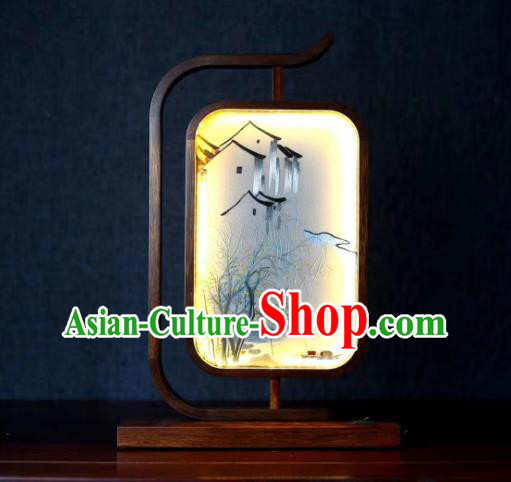 Chinese Handmade LED Lantern Embroidered Village Scene Table Screen Suzhou Embroidery Craft Desk Lamp