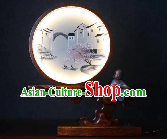 Chinese Suzhou Embroidery Craft Desk Lamp Handmade LED Lantern Embroidered Watertown Table Screen