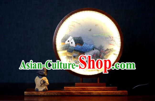 Chinese Suzhou Double Side Embroidery Craft Desk Lantern Handmade LED Lamp Embroidered Village Scene Table Screen