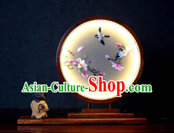 Chinese Handmade LED Lamp Embroidered Mangnolia Table Screen Suzhou Double Side Embroidery Craft Desk Lantern