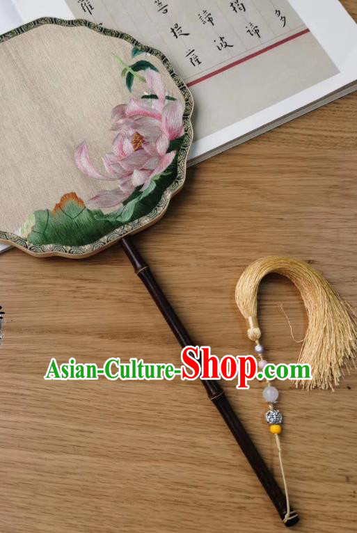 China Embroidered Lotus Double Side Fan Handmade Ming Dynasty Court Fans Traditional Hanfu Silk Fan Classical Palace Fan