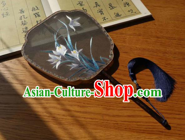 China Classical Dance Fans Traditional Hanfu Fan Embroidered Orchids Palace Fan Handmade Double Side Black Silk Fan