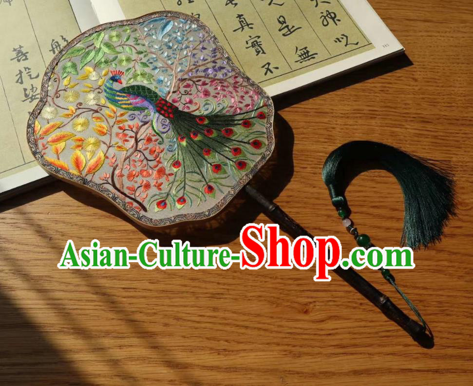 China Traditional Hanfu Fan Embroidered Peacock Palace Fan Handmade Double Side Silk Fan Classical Dance Fans