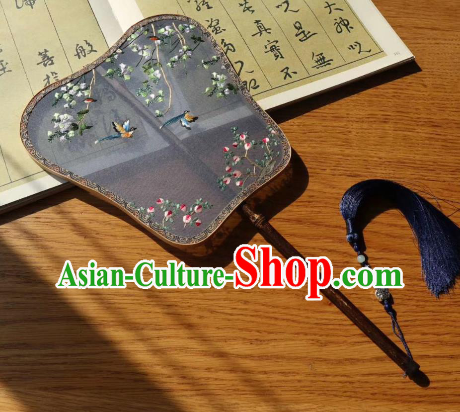 China Handmade Double Side Grey Silk Fan Classical Dance Fans Traditional Hanfu Fan Embroidered Flower Birds Palace Fan