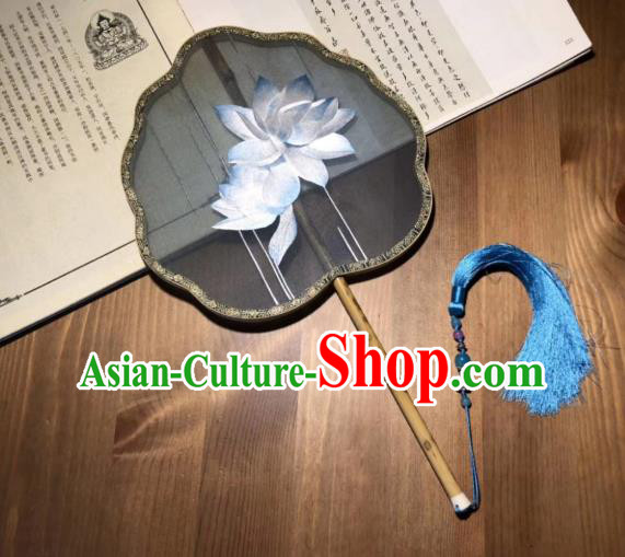 China Handmade Song Dynasty Court Fans Traditional Hanfu Black Silk Fan Classical Palace Fan Embroidered Lotus Double Side Fan