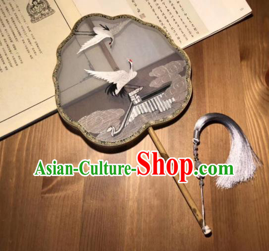 China Embroidered Cranes Double Side Fan Handmade Song Dynasty Court Fans Traditional Hanfu Black Silk Fan Classical Palace Fan