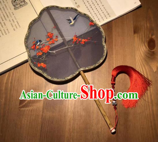 China Classical Palace Fan Embroidered Plum Blossom Double Side Fan Handmade Song Dynasty Court Fans Traditional Hanfu Black Silk Fan