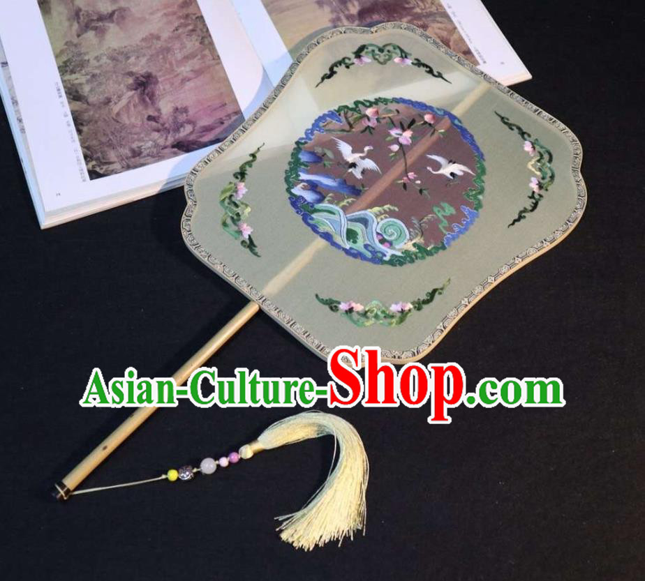 China Embroidered Cranes Palace Fan Handmade Double Side Beige Silk Fan Classical Dance Fans Traditional Ming Dynasty Hanfu Fan