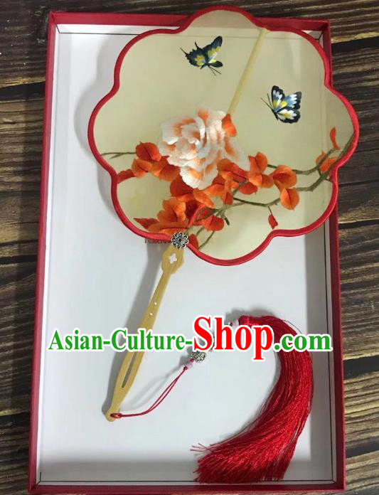 China Handmade Double Side Yellow Silk Fan Classical Dance Fans Traditional Ming Dynasty Hanfu Fan Embroidered Peony Palace Fan