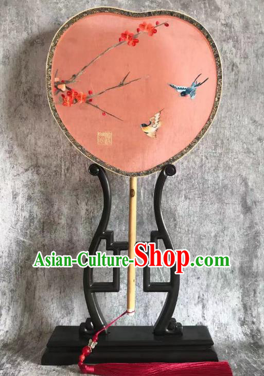 China Handmade Double Side Pink Silk Fan Classical Dance Fans Traditional Wedding Hanfu Fan Embroidered Plum Palace Fan