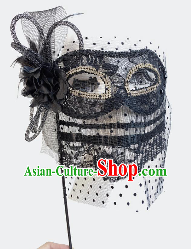 Halloween Stage Performance Deluxe Headpiece Cosplay Party Handheld Mask Handmade Black Lace Face Mask