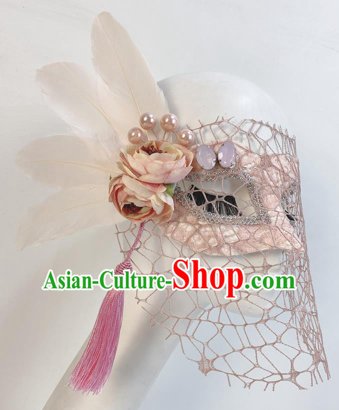 Handmade Pink Peony Face Mask Halloween Stage Performance Deluxe Headpiece Cosplay Party Feather Mask