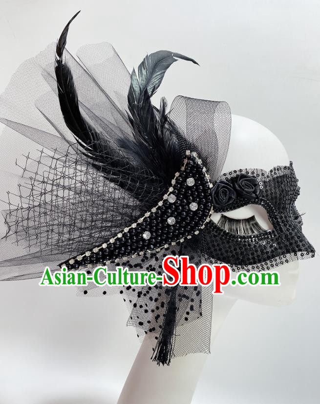 Handmade Deluxe Black Beads Face Mask Stage Performance Blinder Headpiece Halloween Cosplay Party Feather Mask