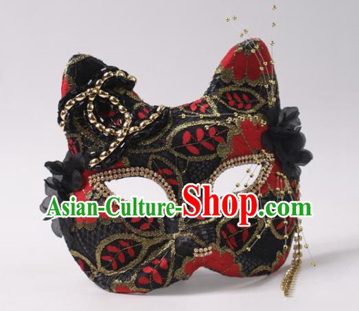 Handmade Deluxe Fox Face Mask Halloween Stage Performance Headpiece Cosplay Party Black Lace Mask