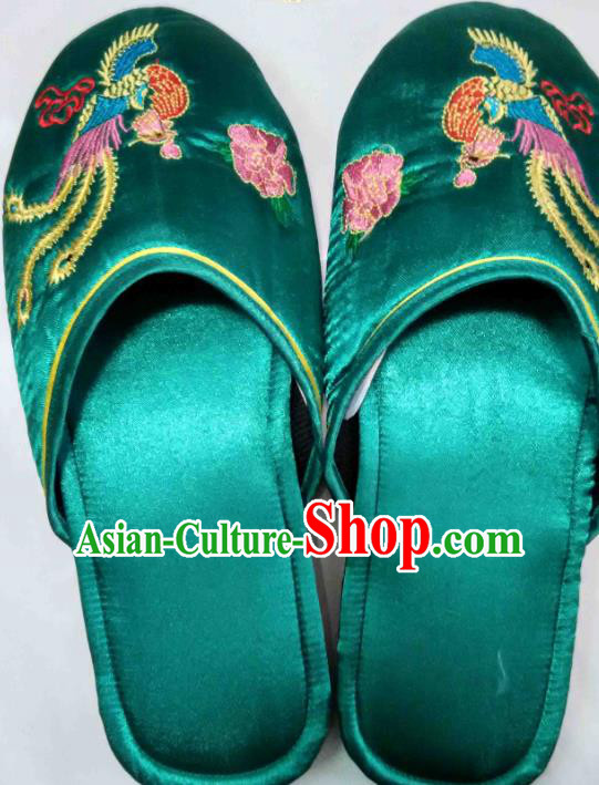 Chinese Embroidery Phoenix Peony Slippers Wedding Footwear Bride Shoes Handmade Green Satin Shoes