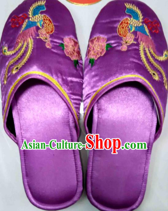 Chinese Bride Shoes Handmade Purple Satin Shoes Embroidery Phoenix Peony Slippers Wedding Footwear