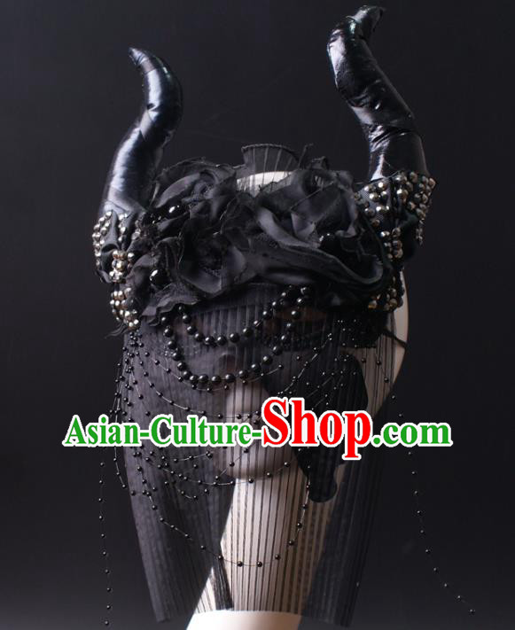 Top Gothic Giant Headpiece Rio Carnival Decorations Halloween Cosplay Hair Accessories Stage Show Black Ox Horn Hair Crown