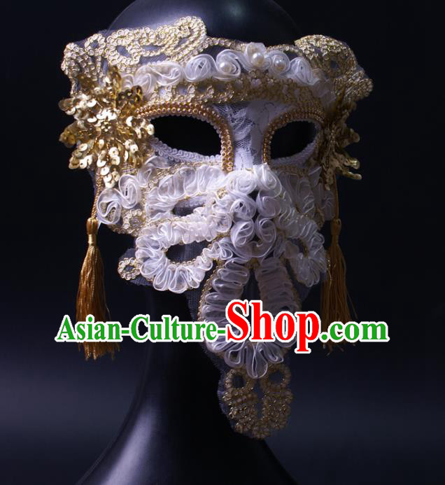 Deluxe Stage Performance Headpiece Halloween Cosplay Woman White Silk Flowers Mask Handmade Pearls Face Mask