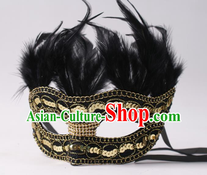 Professional Party Performance Black Feather Face Mask Rio Carnival Headwear Cosplay Golden Sequins Mask