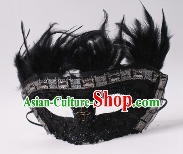 Professional Rio Carnival Black Feather Blinder Headwear Cosplay Lace Mask Party Performance Face Mask