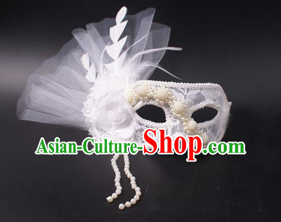 Cosplay Party Deluxe Lace Flower Mask Handmade White Feather Face Mask Halloween Stage Performance Headpiece