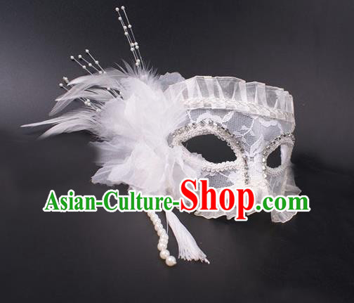 Handmade White Feather Face Mask Halloween Stage Performance Headpiece Cosplay Party Deluxe Feather Mask