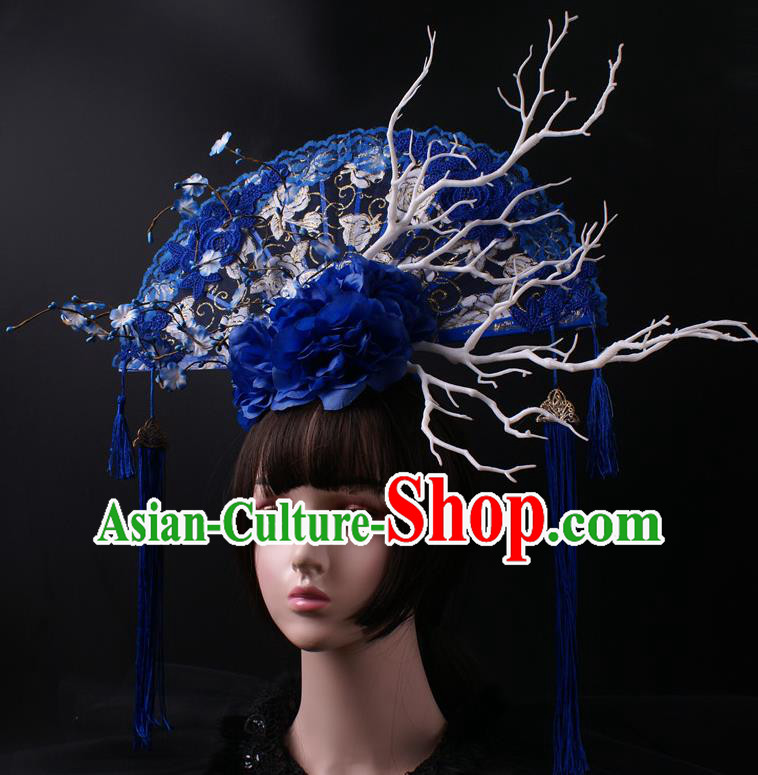 China Giant Blue Lace Fan Hair Accessories Stage Show Headdress Catwalks Tassel Hair Crown