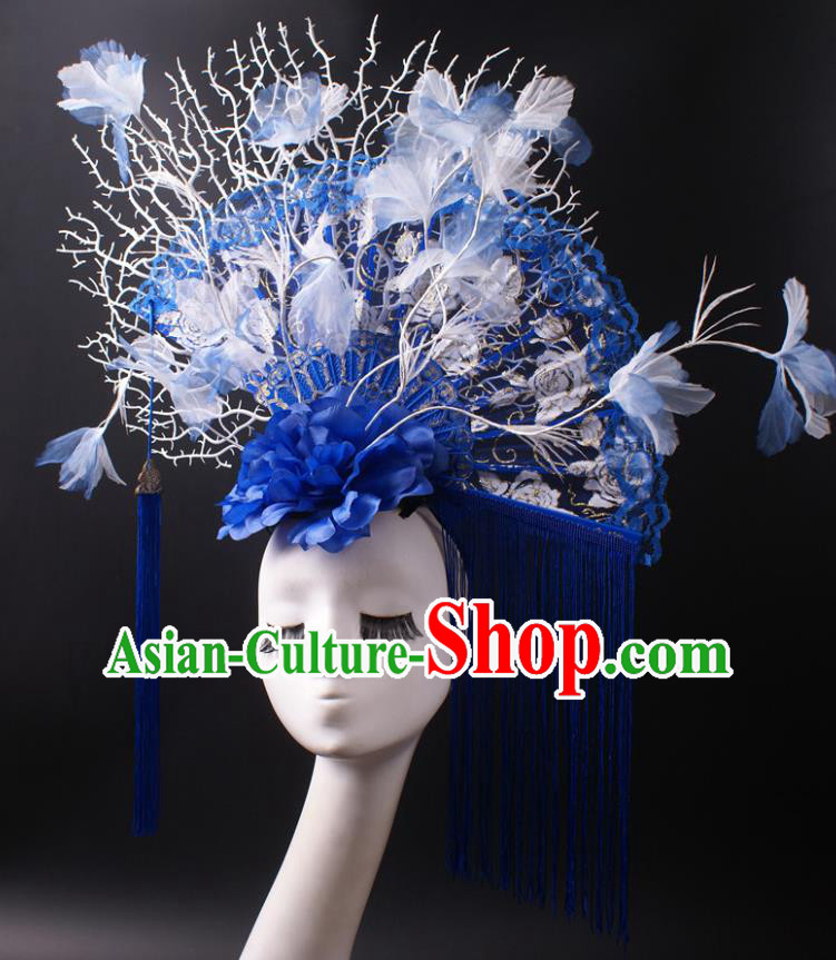 China Catwalks Tassel Hair Crown Giant Blue Lace Fan Hair Accessories Stage Show Headdress