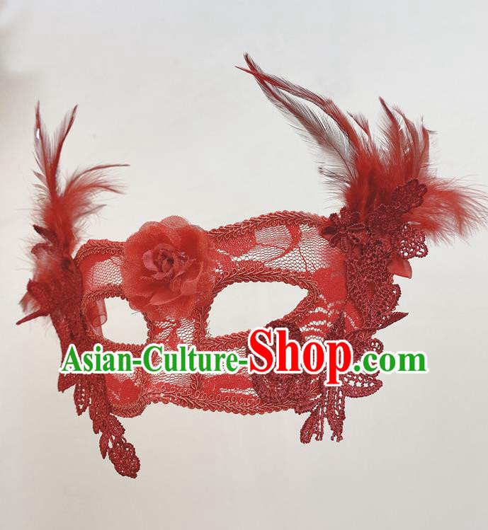 Cosplay Party Deluxe Lace Flower Mask Handmade Red Feather Face Mask Halloween Stage Performance Headpiece