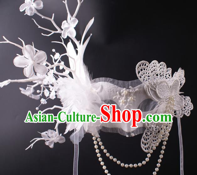 Halloween Stage Performance Headpiece Cosplay Party Deluxe Lace Butterfly Mask Handmade White Feather Face Mask