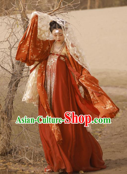 China Traditional Tang Dynasty Palace Beauty Historical Clothing Ancient Court Princess Red Hanfu Dress Garments